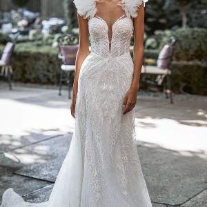 katy corso 2021 bridal sleeveless ruffle straps plunging sweetheart neckline fully embellished fit flare trumpet a line wedding dress chapel train (12) mv