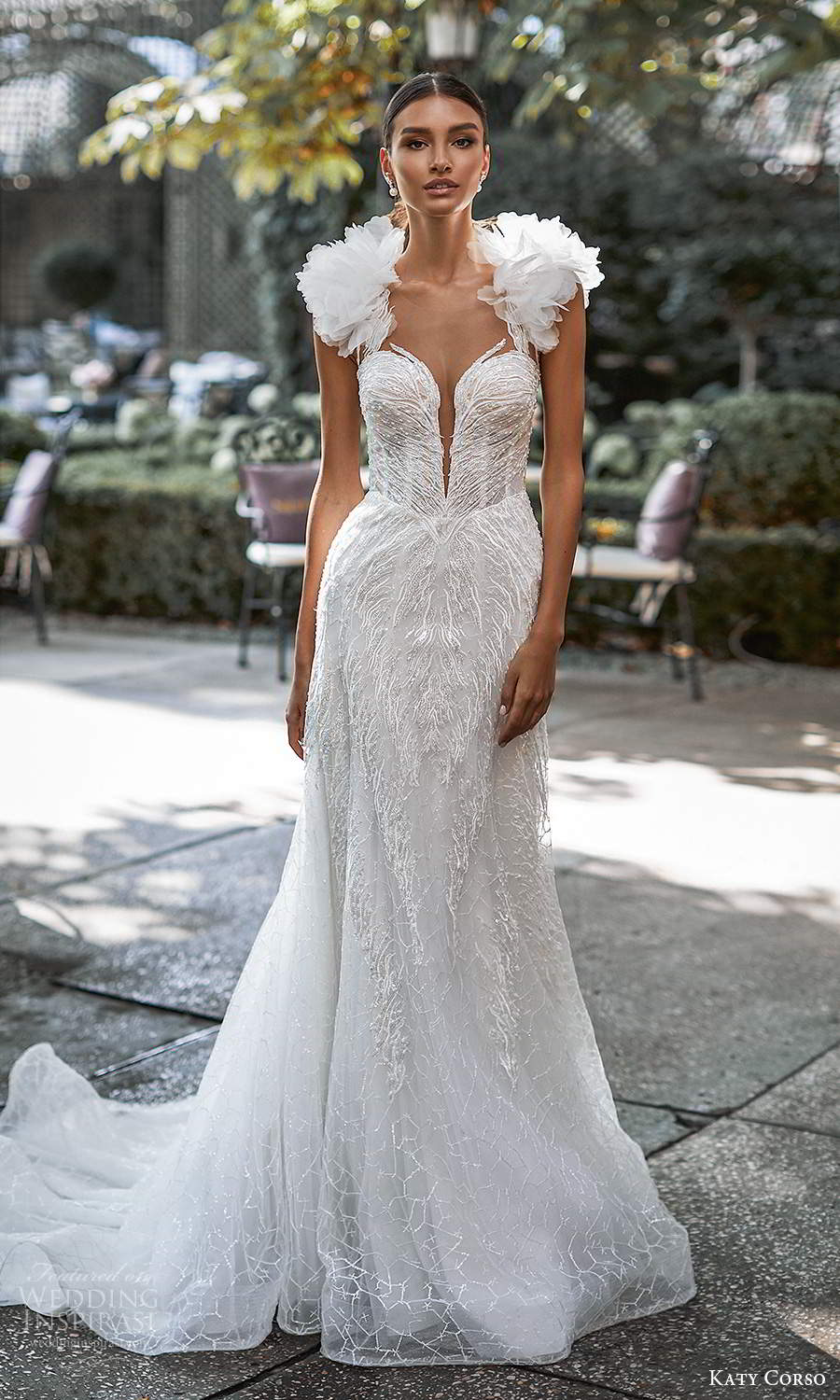 katy corso 2021 bridal sleeveless ruffle straps plunging sweetheart neckline fully embellished fit flare trumpet a line wedding dress chapel train (12) mv