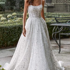 katy corso 2021 bridal sleeveless thin straps scoop neckline fully embellished a line ball gown wedding dress chapel train (9) mv