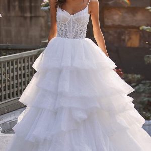 katy corso 2021 bridal sleeveless thin straps sweetheart neckline embellished bodice glitter tiered skirt a line ball gown wedidng dress chapel train (14) mv