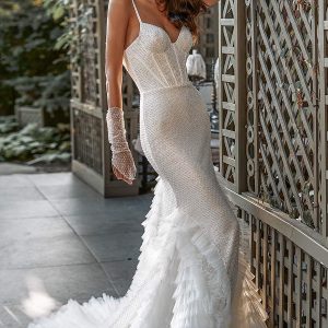 katy corso 2021 bridal sleeveless thin straps sweetheart neckline fully embellished sheath mermaid wedding dress ruffle skirt chapel train (8)  mv