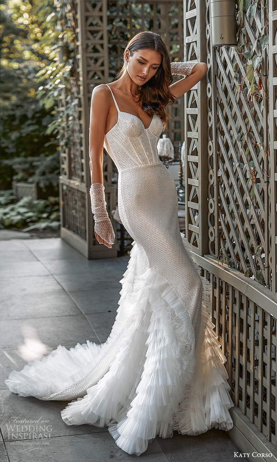 katy corso 2021 bridal sleeveless thin straps sweetheart neckline fully embellished sheath mermaid wedding dress ruffle skirt chapel train (8) mv
