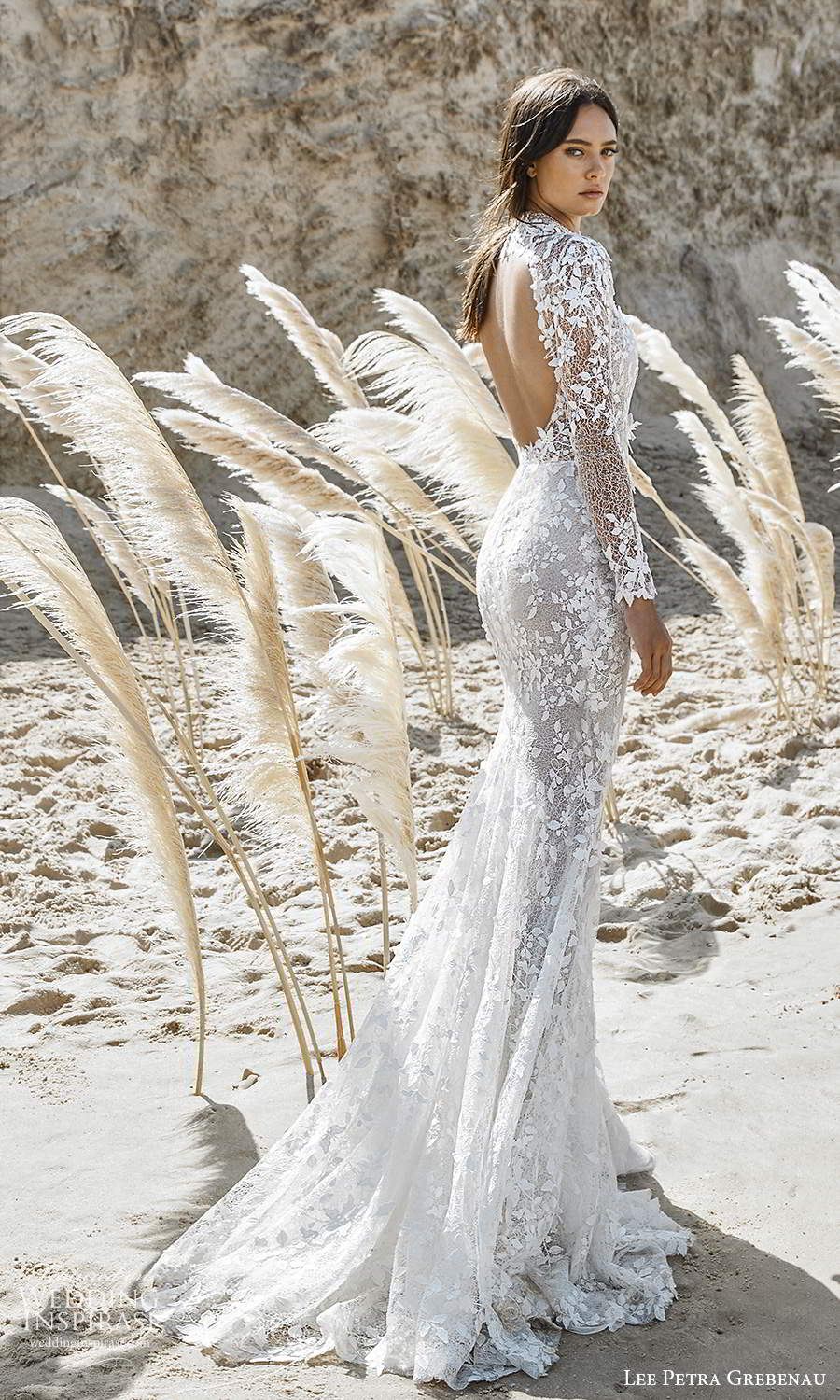 lee petra grebenau 2021 bridal long sleeve sheer high neckline fully embellished sheath wedding dress chapel train cutout back (9) mv lee petra grebenau 2021 bridal long sleeve sheer high neckline fully embellished sheath wedding dress chapel train cutout back (9) mv