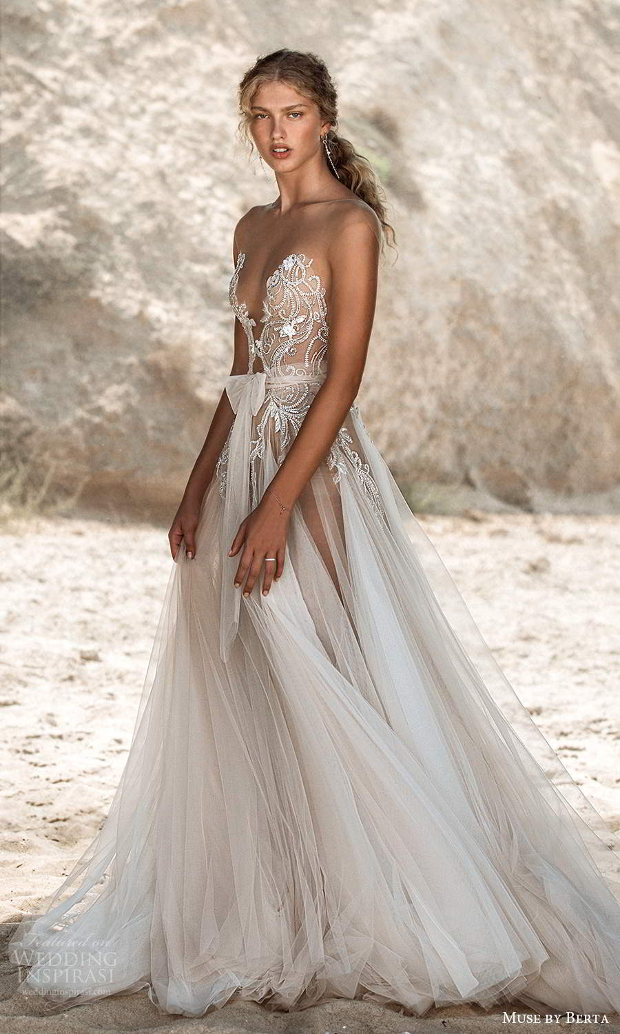 muse by berta fall 2021 bridal sleeveless illusion cap sleeves plunging v neckline embellished bodice sheer skirt bow waist a line wedding dress chapel train (1) mv