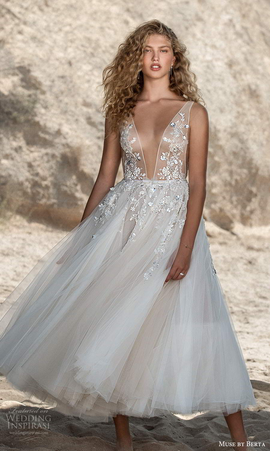 muse by berta fall 2021 bridal sleeveless thick straps plunging v neckline side cutout sheer embellished bodice a line ball gown tea length wedding dress (6) mv