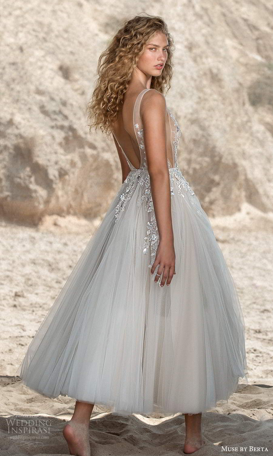 muse by berta fall 2021 bridal sleeveless thick straps plunging v neckline side cutout sheer embellished bodice a line ball gown tea length wedding dress low back (6) bv