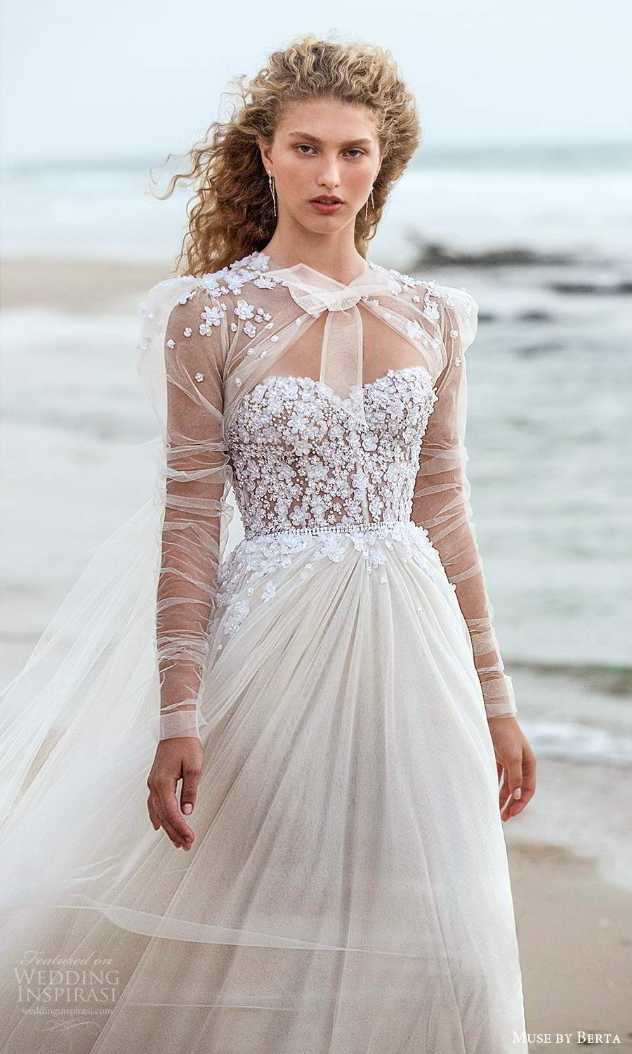 muse by berta fall 2021 bridal strapless sweetheart neckline heavily embellished bodice a line ball gown wedding dress sheer puff sleeve cape (16) mv