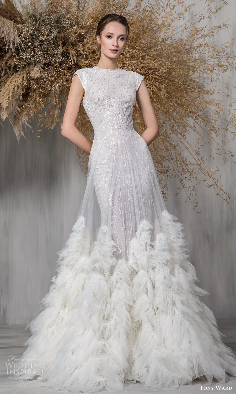 tony ward 2021 bridal cap sleeves jewel neckline fully embellished sheath wedding dress a line overskirt feathers (14) mv