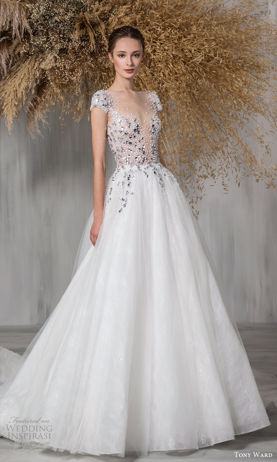 tony ward 2021 bridal cap sleeves plunging sweetheart neckline heavily embellished bodice a line ball gown wedding dress chapel train (25) mv