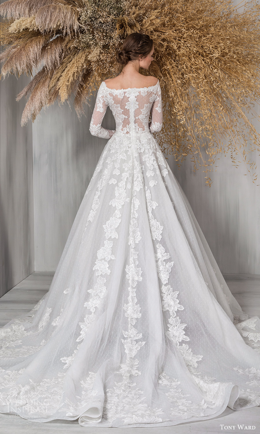 tony ward 2021 bridal long sleeves bateau neckline fully embellished a line ball gown wedding dress chapel train (6) bv