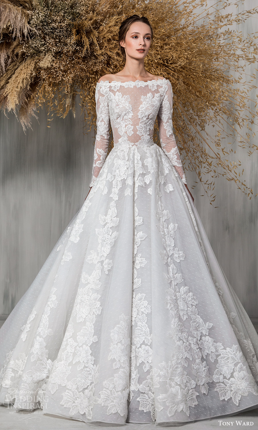 tony ward 2021 bridal long sleeves bateau neckline fully embellished a line ball gown wedding dress chapel train (6) mv