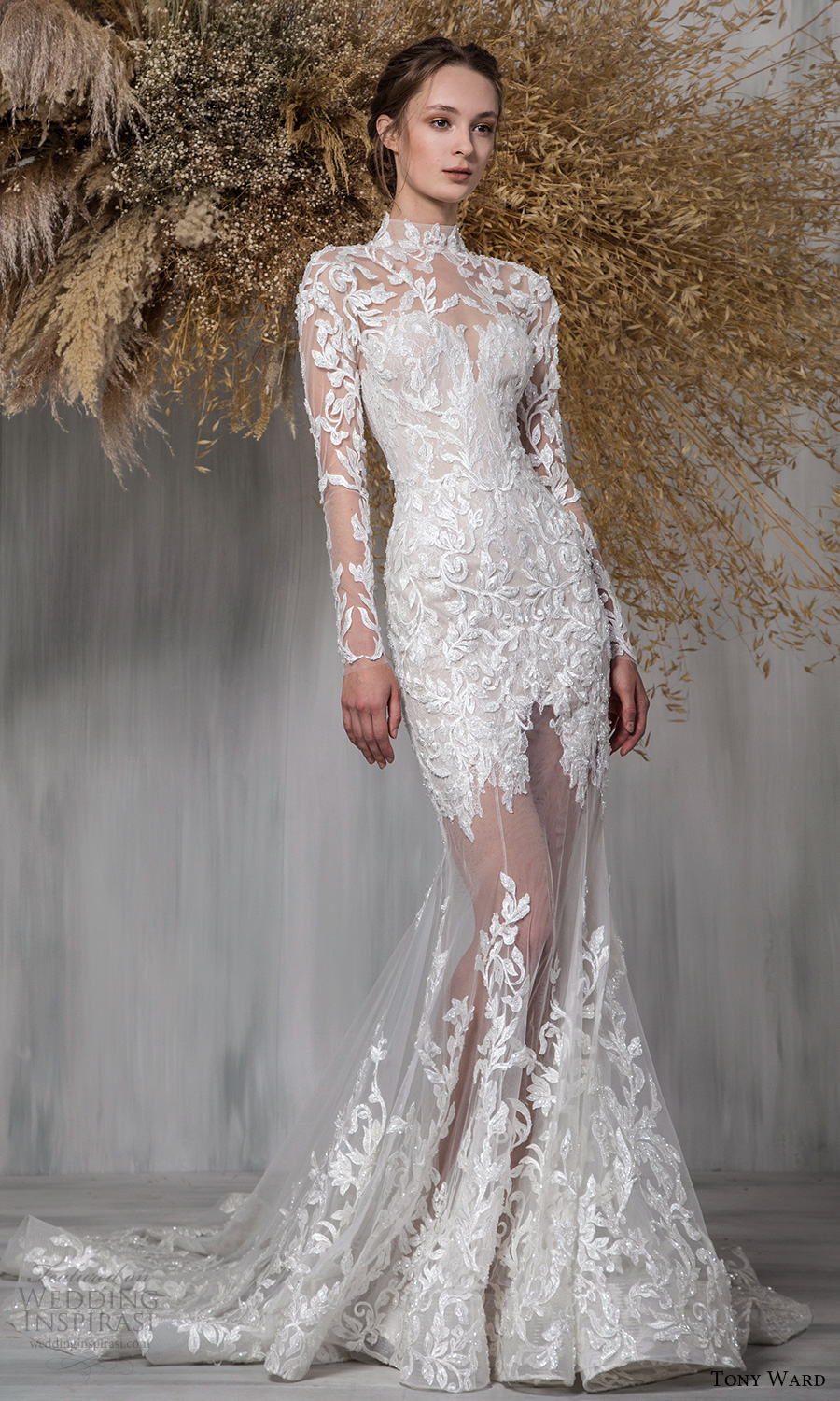 tony ward 2021 bridal sheer long sleeves high neckline embellished bodice sheer skirt fit flare wedding dress chapel train (4) mv tony ward 2021 bridal sheer long sleeves high neckline embellished bodice sheer skirt fit flare wedding dress chapel train (4) mv