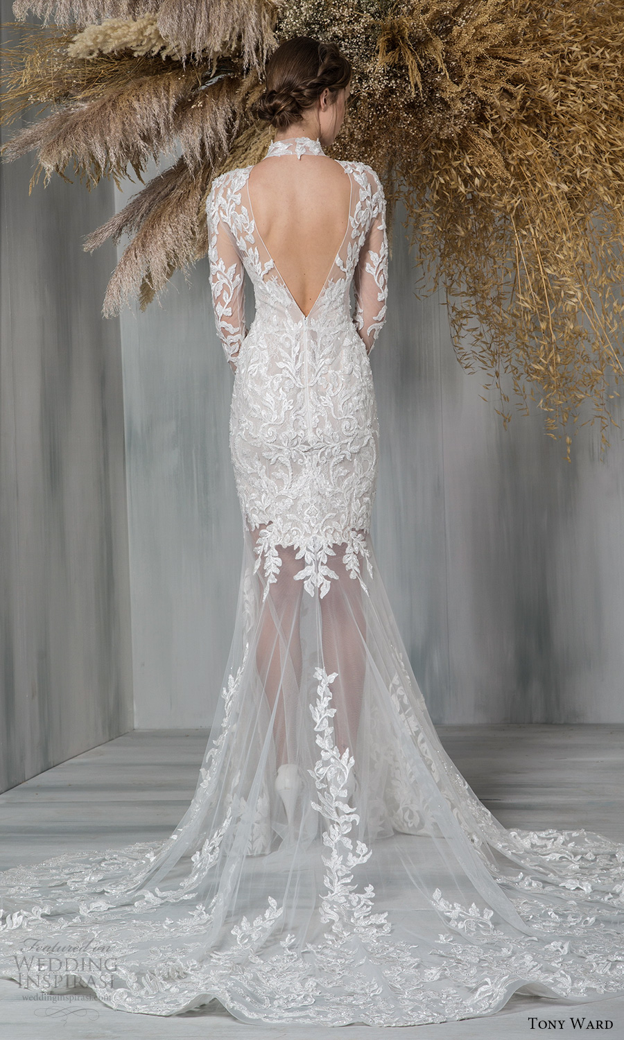 tony ward 2021 bridal sheer long sleeves high neckline embellished bodice sheer skirt fit flare wedding dress chapel train cutout back (4) bv tony ward 2021 bridal sheer long sleeves high neckline embellished bodice sheer skirt fit flare wedding dress chapel train cutout back (4) bv