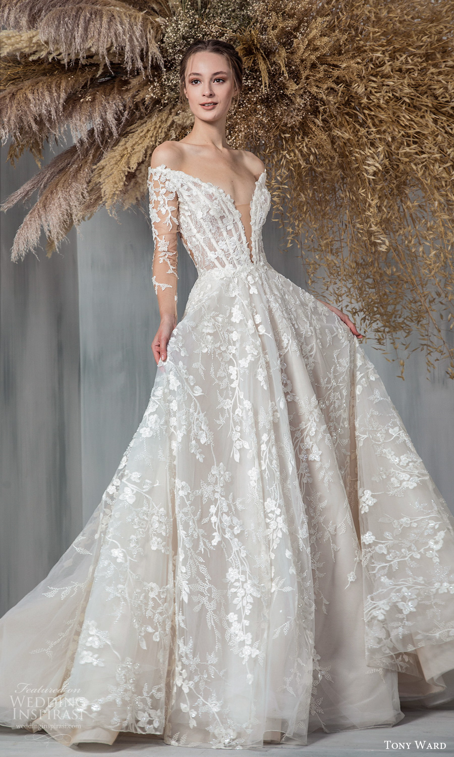 tony ward 2021 bridal sheer long sleeves off shoulder plunging v neckline fully embellished a line ball gown wedding dress chapel train (1) mv