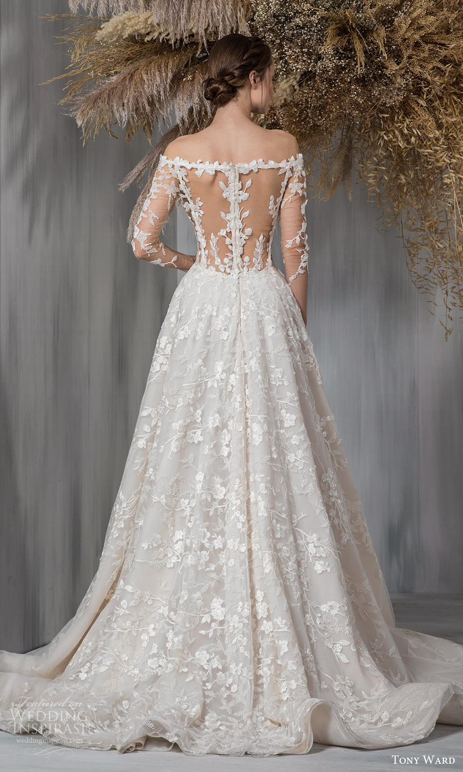 tony ward 2021 bridal sheer long sleeves off shoulder plunging v neckline fully embellished a line ball gown wedding dress chapel train illusion back (1) bv