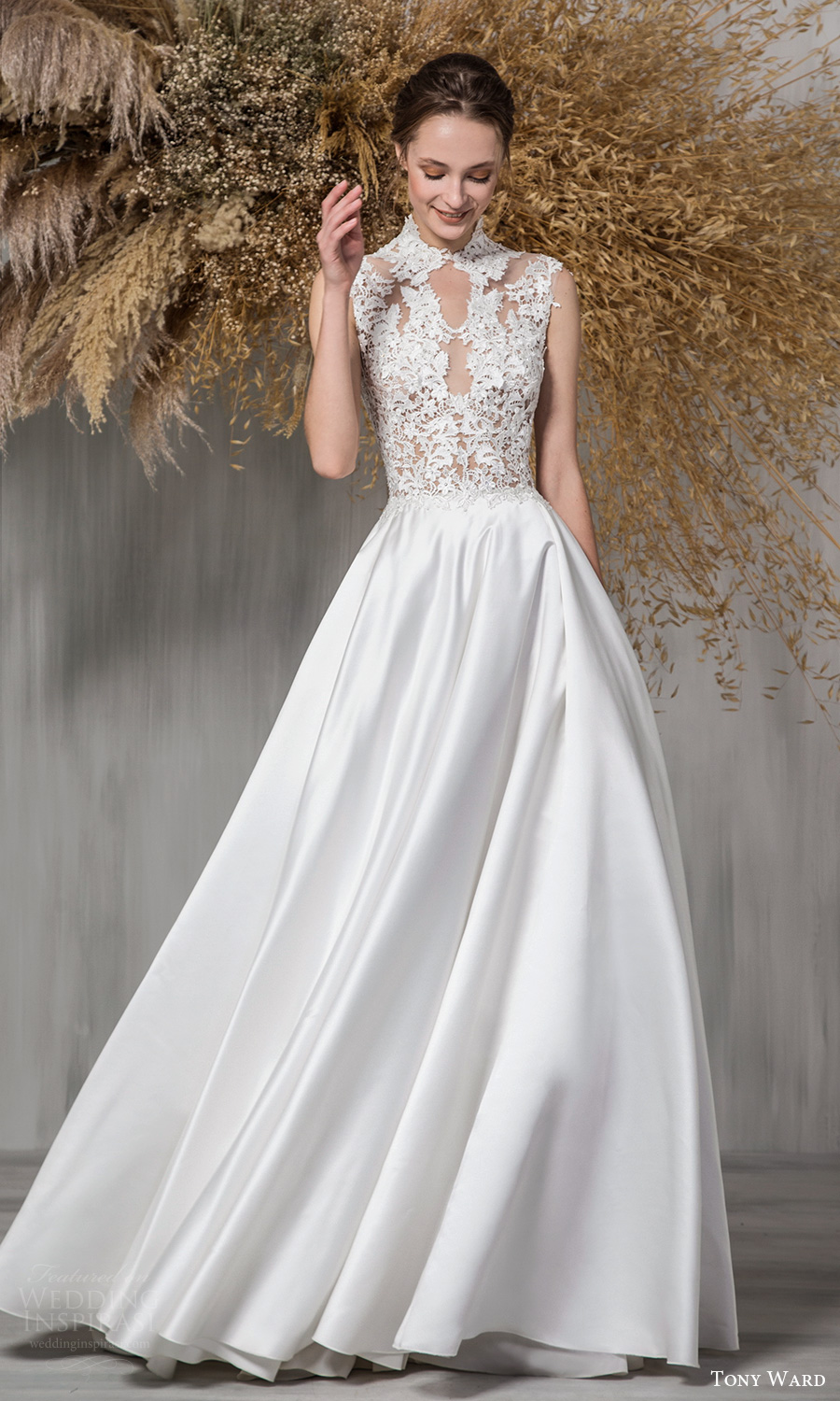 tony ward 2021 bridal sleeveless mini cap sleeves high neckline embellished bodice clean skirt a line ball gown wedding dress chapel train (10) mv