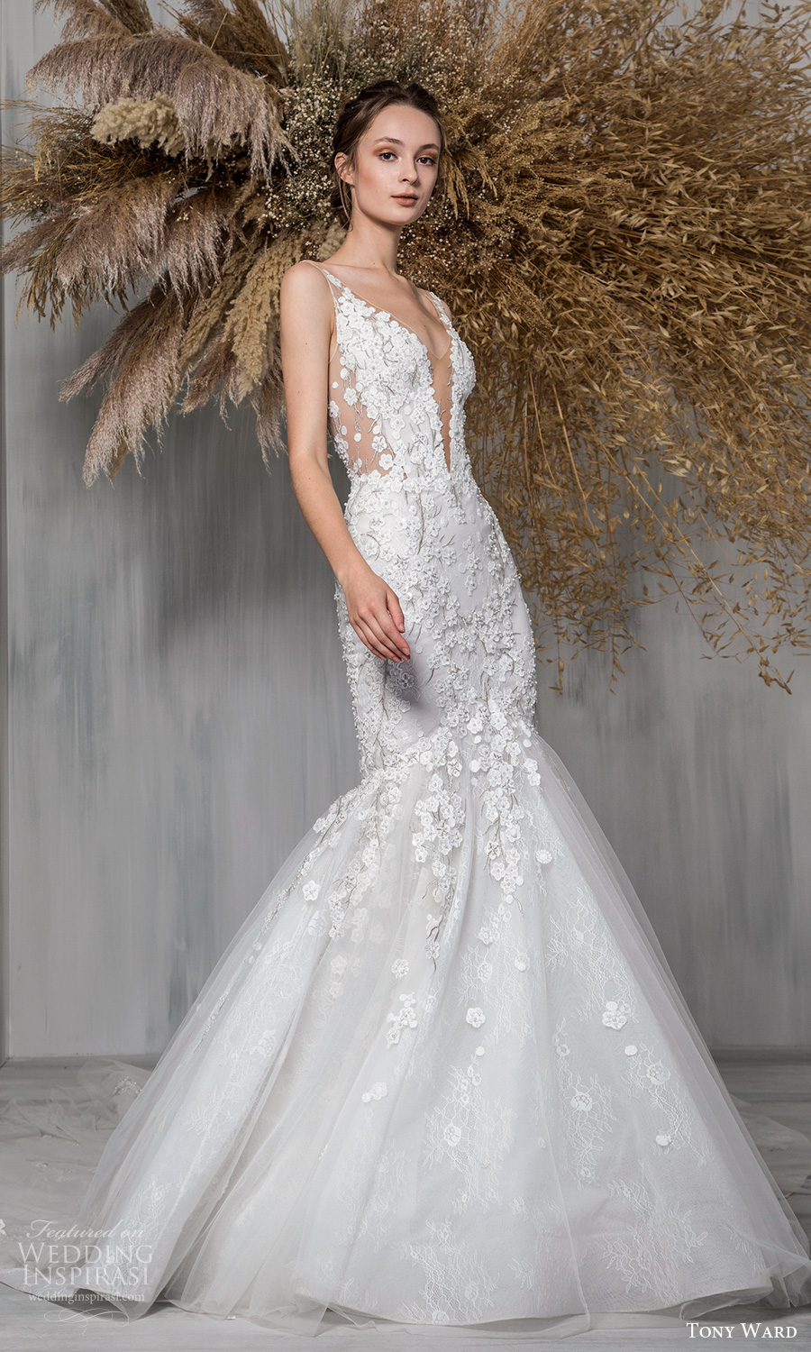 tony ward 2021 bridal sleeveless straps plunging v neckline fully embellished fit flare mermaid wedding dress chapel train (26) mv