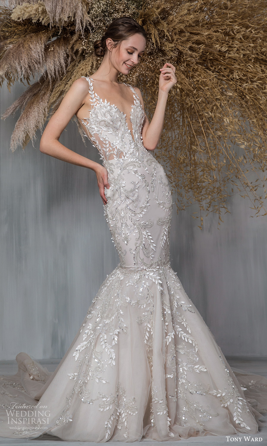 tony ward 2021 bridal sleeveless straps plunging v neckline fully embellished fit flare mermaid wedding dress chapel train (9) mv