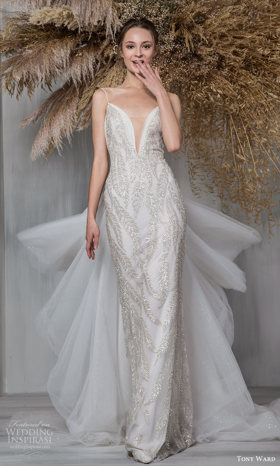 tony ward 2021 bridal sleeveless thin straps plunging vnecklnie fully embellished sheath wedding dress ruffle chapel train (15) mv tony ward 2021 bridal sleeveless thin straps plunging vnecklnie fully embellished sheath wedding dress ruffle chapel train (15) mv