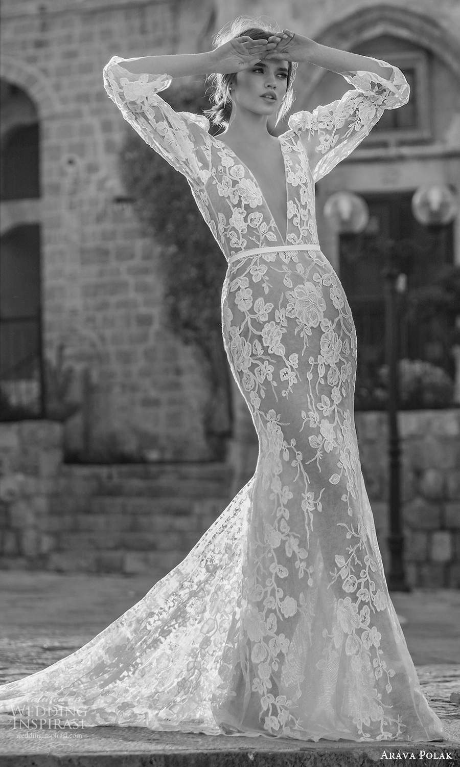 arava polak 2021 bridal 3 quarter puff marie poet sleeves plunging v neckline fully embelished lace sheer sheath columen wedding dress (1) fv