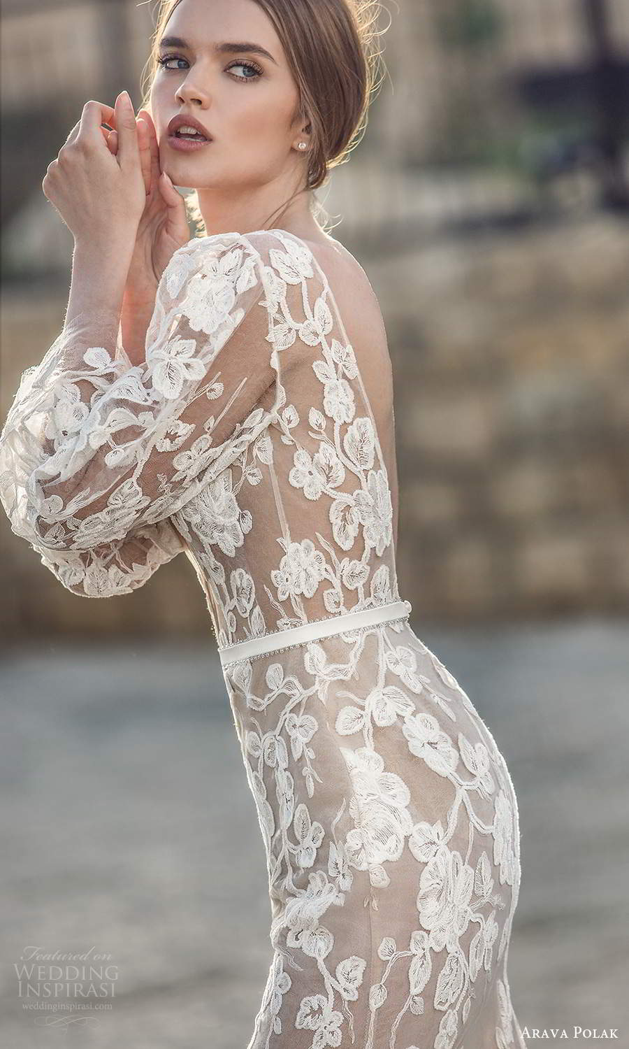 arava polak 2021 bridal 3 quarter puff marie poet sleeves plunging v neckline fully embelished lace sheer sheath columen wedding dress v back (1) zbv arava polak 2021 bridal 3 quarter puff marie poet sleeves plunging v neckline fully embelished lace sheer sheath columen wedding dress v back (1) zbv