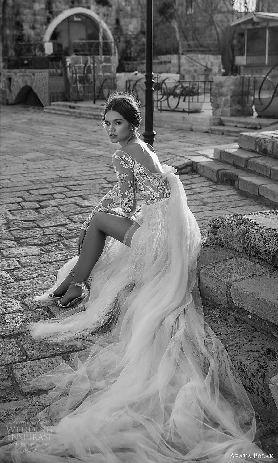 arava polak 2021 bridal sheer long sleeves bateau neckline fully embellished lace a line wedding dress slit skirt chapel train v back (4) bv arava polak 2021 bridal sheer long sleeves bateau neckline fully embellished lace a line wedding dress slit skirt chapel train v back (4) bv