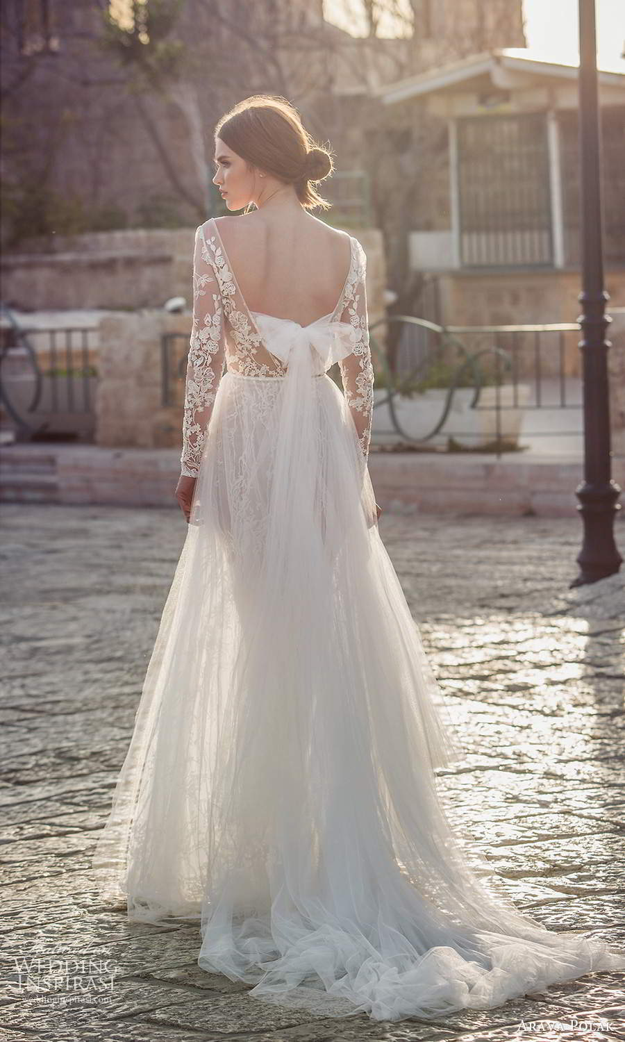 arava polak 2021 bridal sheer long sleeves bateau neckline fully embellished lace a line wedding dress slit skirt chapel train v back (4) bv