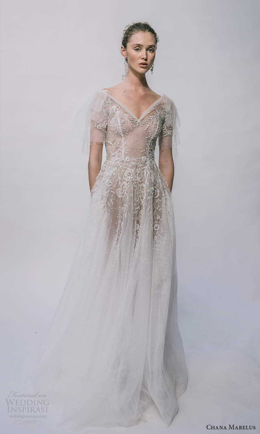 chana marelus 2021 bridal flutter sleeves vneckline embellished bodice a line ball gown wedding dress chapel train (8) mv