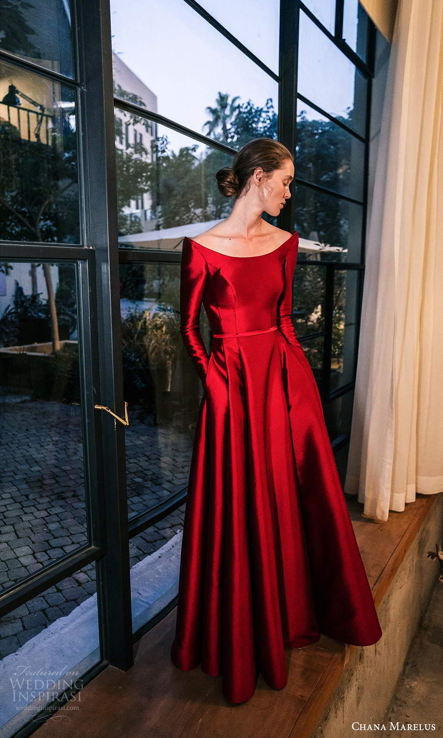 chana marelus 2021 bridal long sleeves off shoulder scoop neckline clean minimalist red a line ball gown wedding dress (14) mv