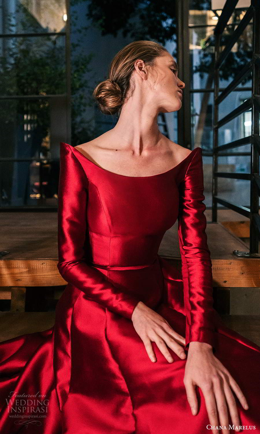 chana marelus 2021 bridal long sleeves off shoulder scoop neckline clean minimalist red a line ball gown wedding dress (14) zv