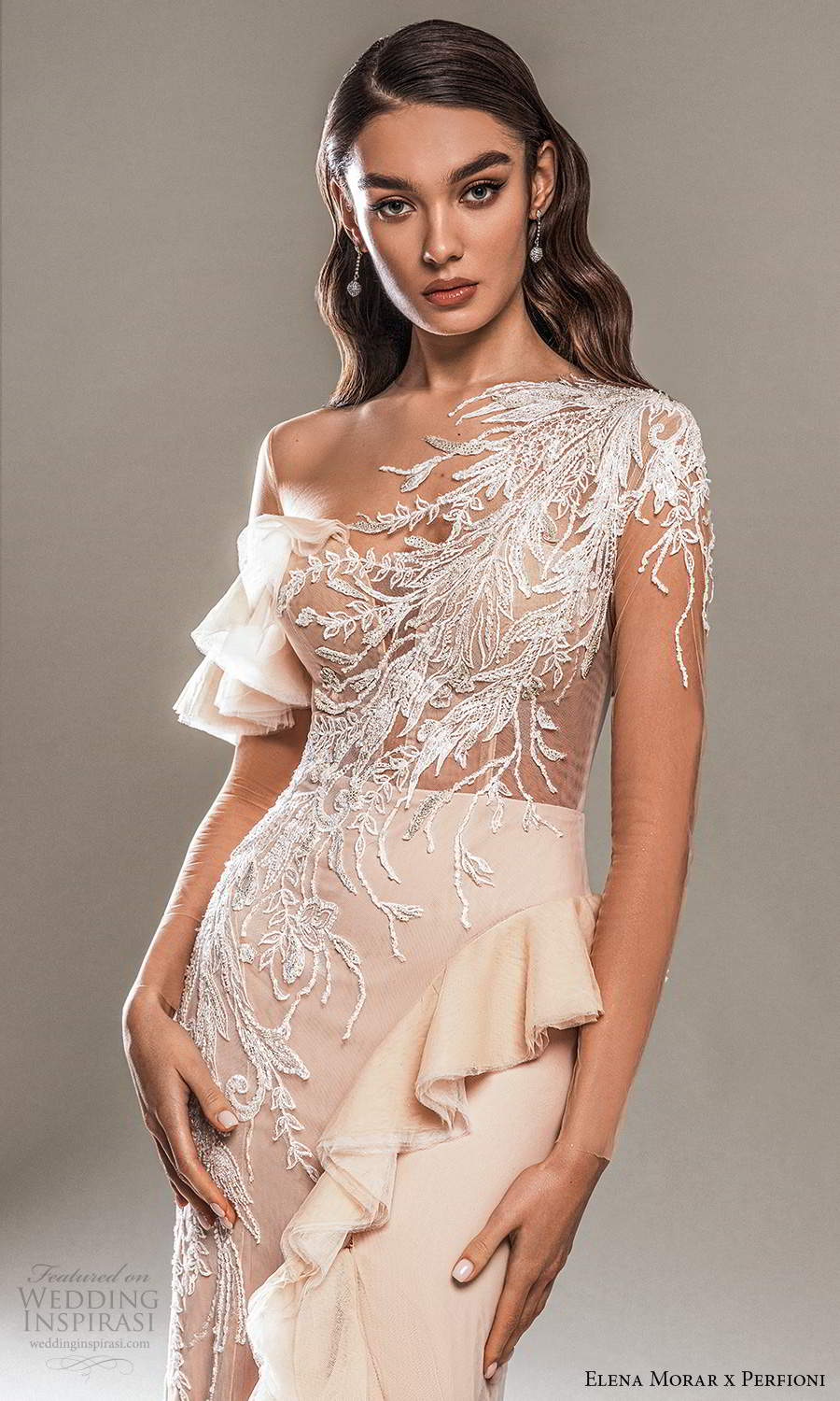 elena morar perfioni 2021 bridal cold shoulder straps asymmetric neckline fully embellished sheath wedding dress ruffle slit skirt blush (15) zv