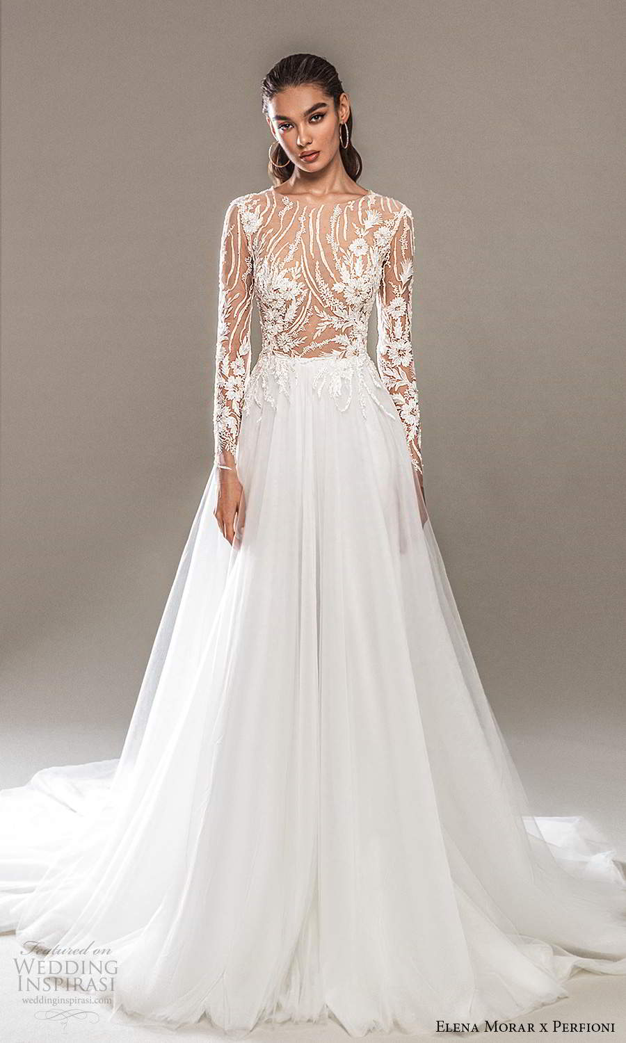 elena morar perfioni 2021 bridal long sleeves jewel neckline embellished sheer bodice clean skirt a line ball gown wedding dress chapel train (19) mv