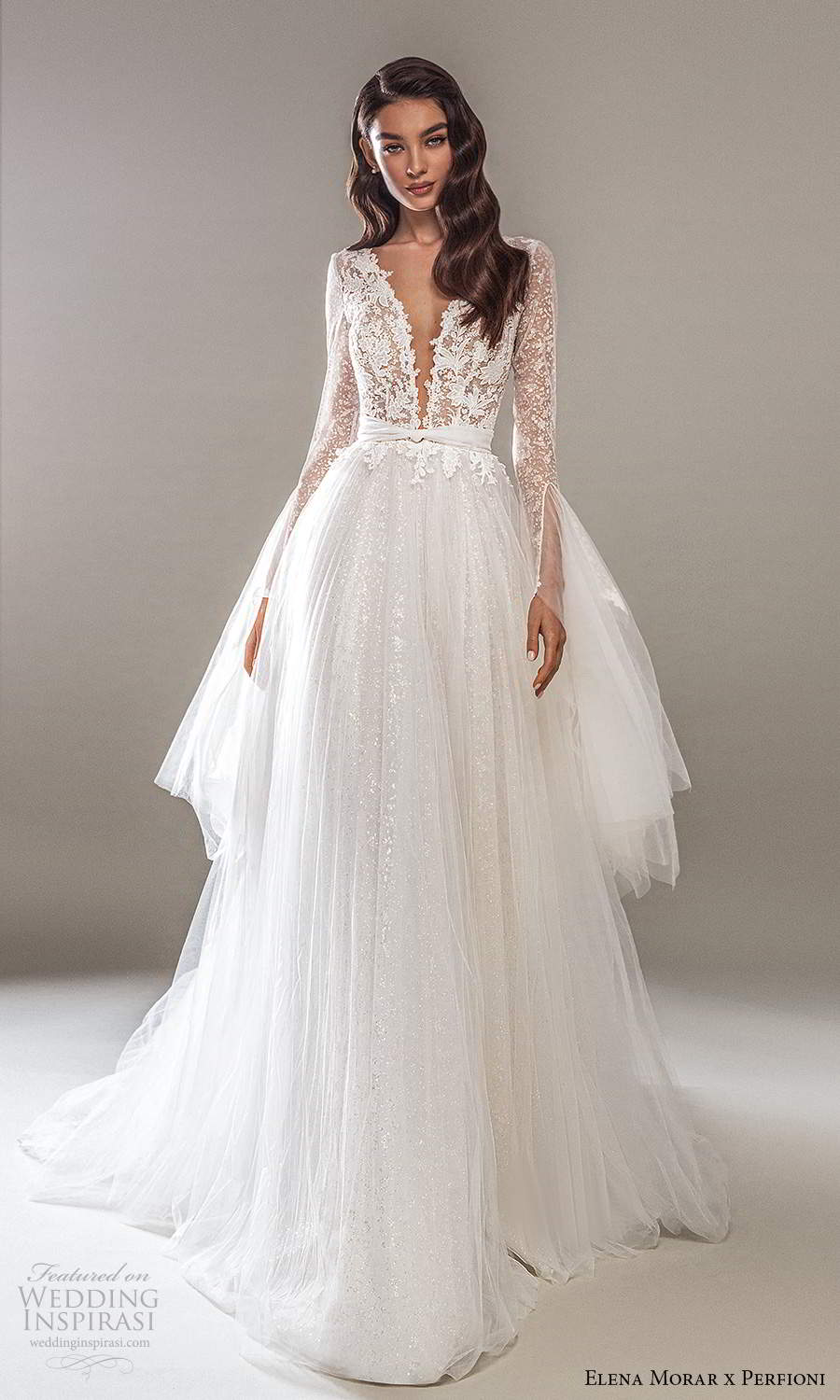 elena morar perfioni 2021 bridal long sleeves plunging v neckline embellished lace bodice glitter skirt a line ball gown wedding dress chapel train (12) mv