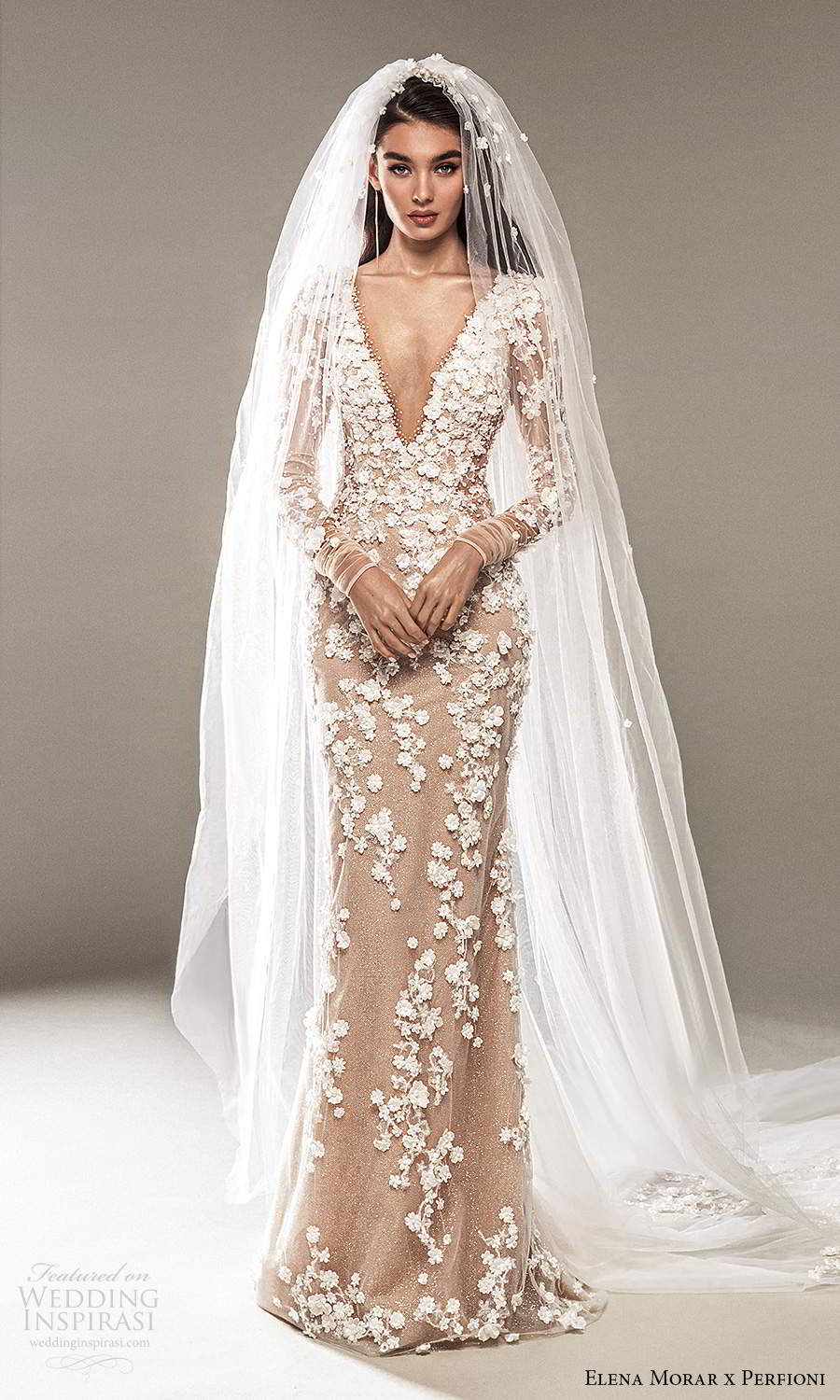 elena morar perfioni 2021 bridal long sleeves plunging v neckline fully embellished blush sheath wedding dress chapel train veil (2) mv