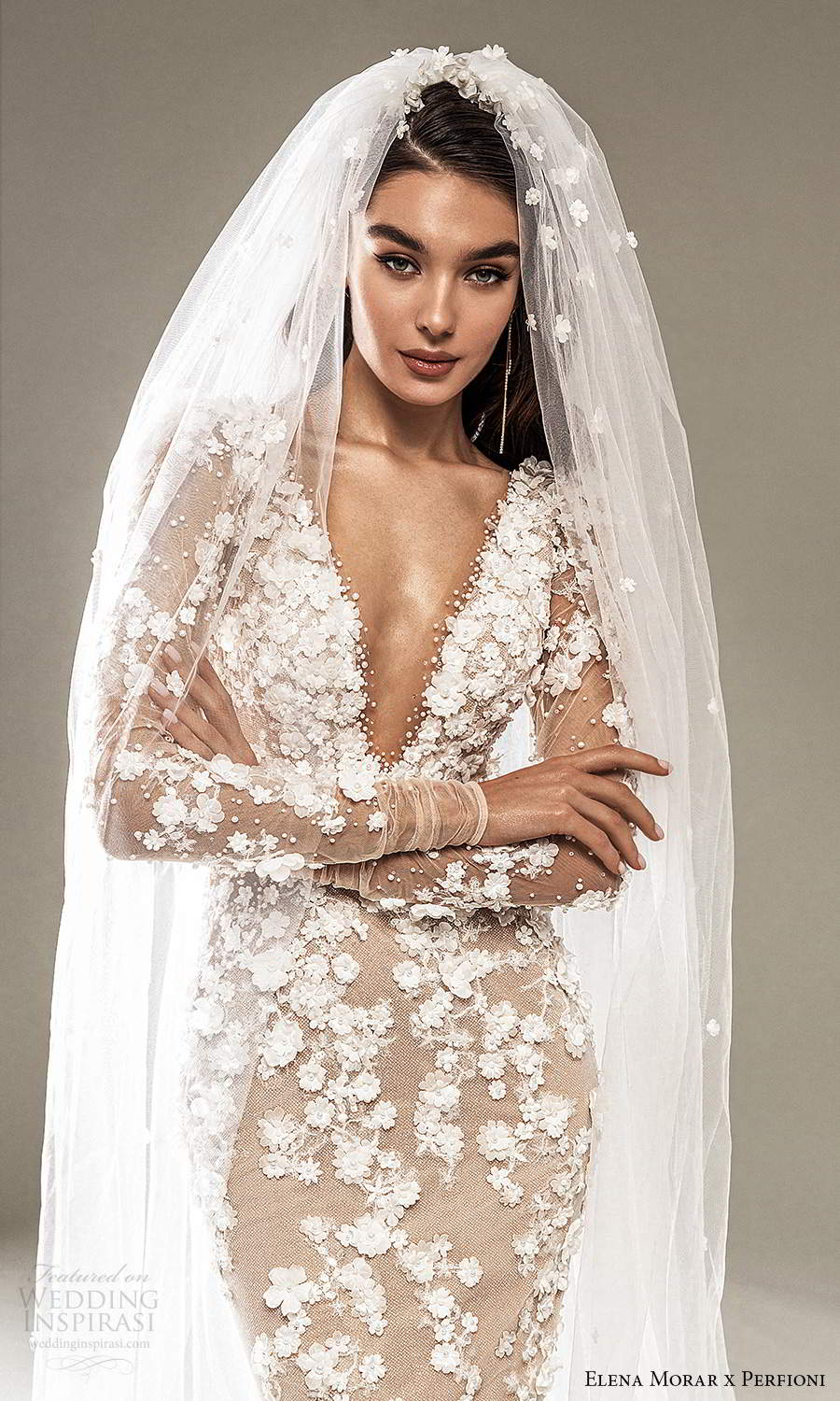 elena morar perfioni 2021 bridal long sleeves plunging v neckline fully embellished blush sheath wedding dress chapel train veil (2) zv