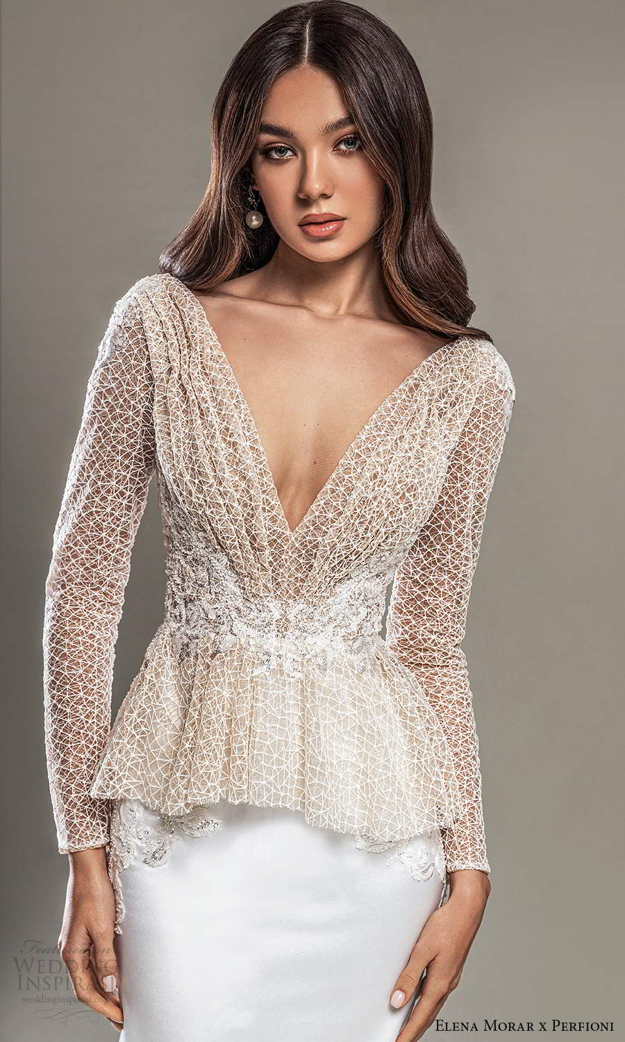 elena morar perfioni 2021 bridal long sleeves v neckline embellished peplum bodice clean skirt sheath wedding dress chapel train (23) zv