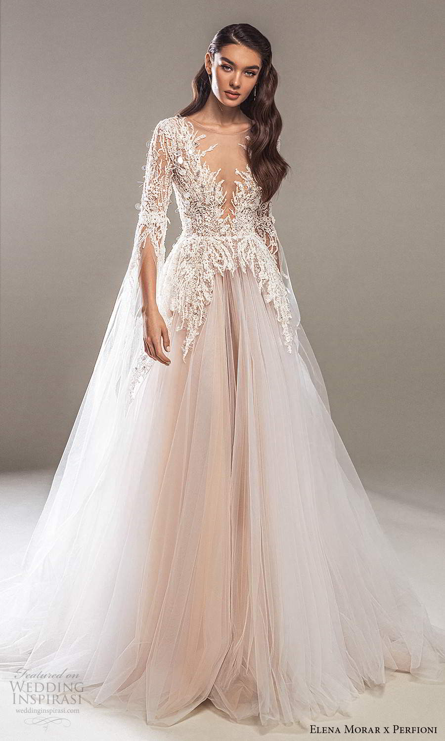 elena morar perfioni 2021 bridal long split sleeve plunging v neckline heavily embellished bodice a line ball gown wedding dress chapel train blush (21) mv