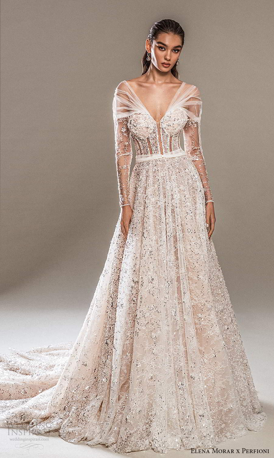 elena morar perfioni 2021 bridal off shoulder ruched straps sweetheart neckline fully embellished a line ball gown wedding dress detached sheer long sleeves chapel train (18) mv