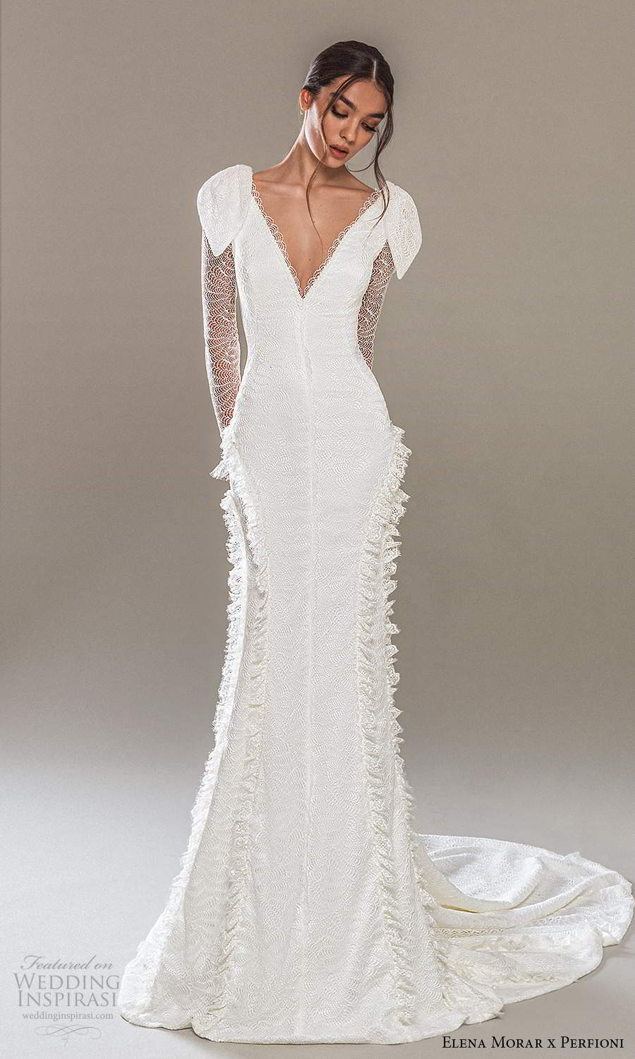 elena morar perfioni 2021 bridal sheer long sleeves v neckline embellished lace sheath wedding dress chapel train (27) mv