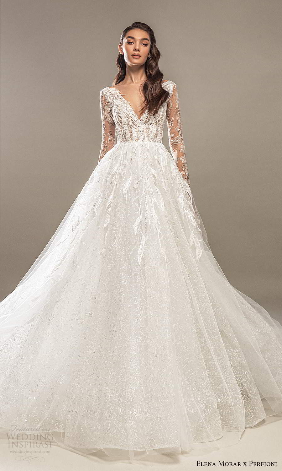 elena morar perfioni 2021 bridal sheer long sleeves v neckline fully embellished a line ball gown wedding dress chapel train (5) mv
