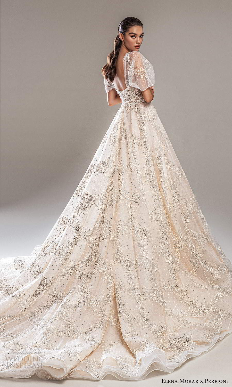 elena morar perfioni 2021 bridal sheer puff sleeves straight across ruched bodice a line ball gown wedding dress chapel train (28) mv