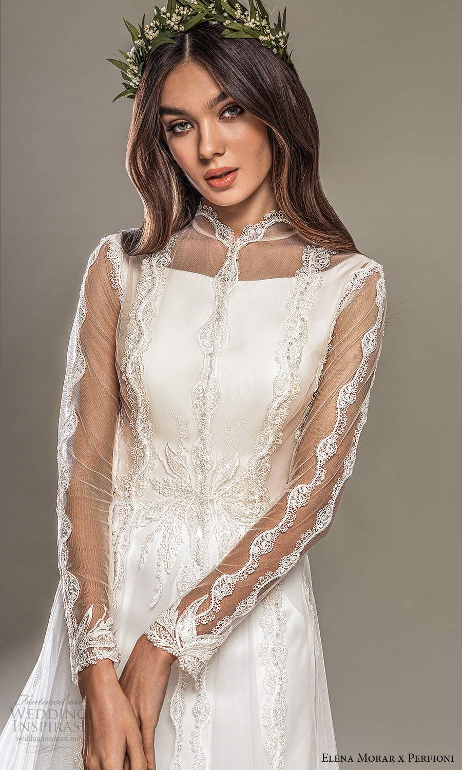 elena morar perfioni 2021 bridal sleeveless bateau neckline clean minimalist sheath wedding dress chapel train sheer long sleeves high neckline top (32) mv