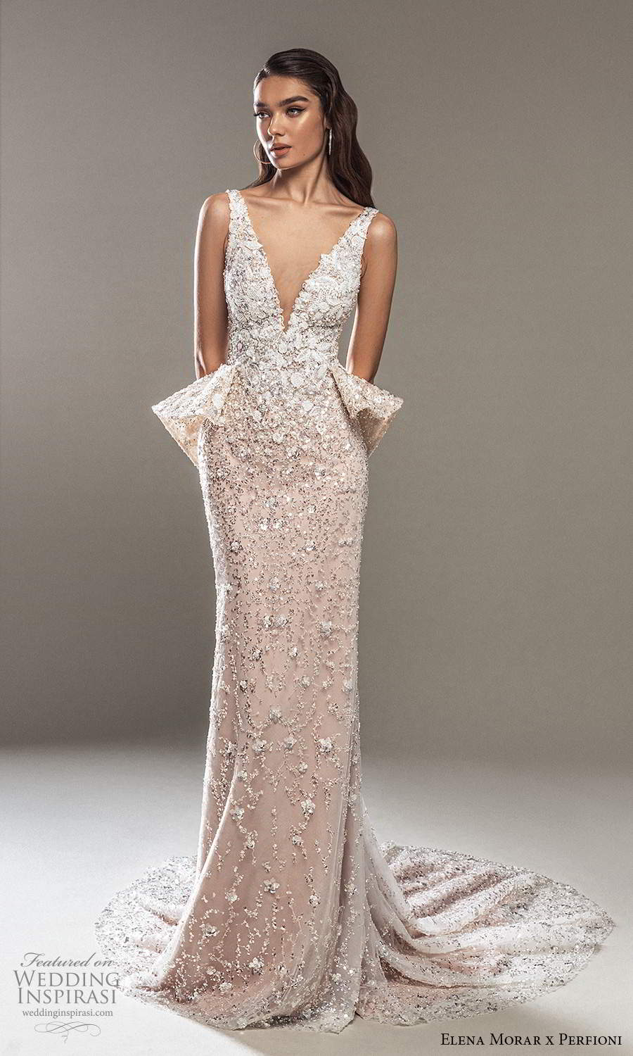 elena morar perfioni 2021 bridal sleeveless straps plunging v neckline peplum waist fully embellished sheath wedding dress chapel train (10) mv