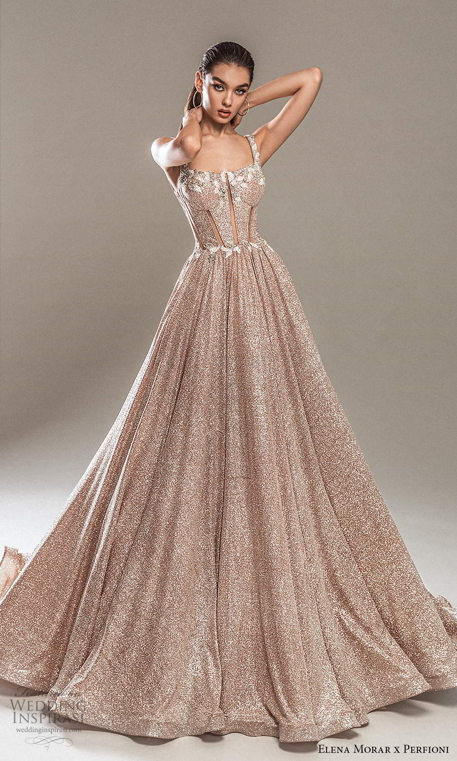 elena morar perfioni 2021 bridal sleeveless straps semi sweetheart neckline fully embellished a line ball gown wedding dress chapel train metallic blush (9) mv