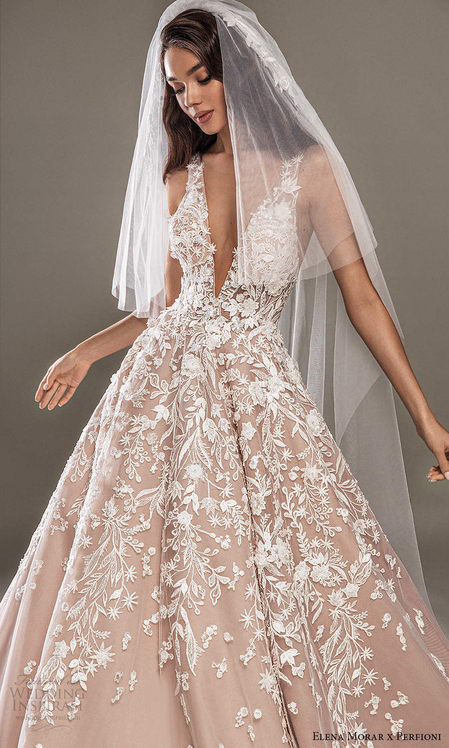elena morar perfioni 2021 bridal sleeveless straps v neckline fully embellished a line ball gown wedding dress chapel train blush color veil (7) zv