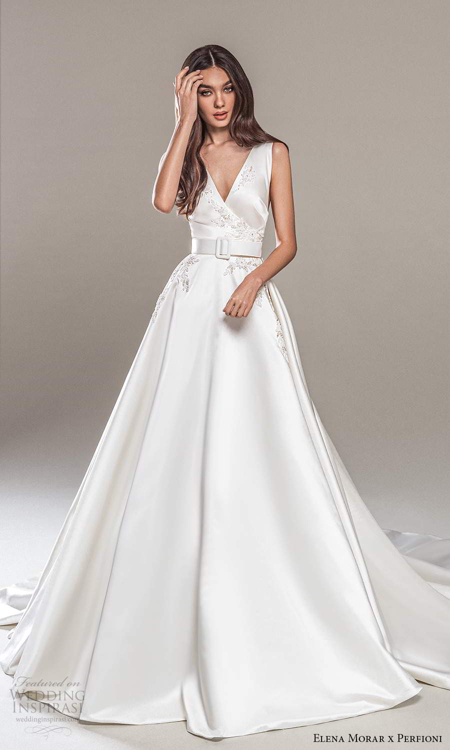 elena morar perfioni 2021 bridal sleeveless thick straps surplice v neckline embellished bodice clean minimalist a line ball gown wedding dress chapel train (34) mv