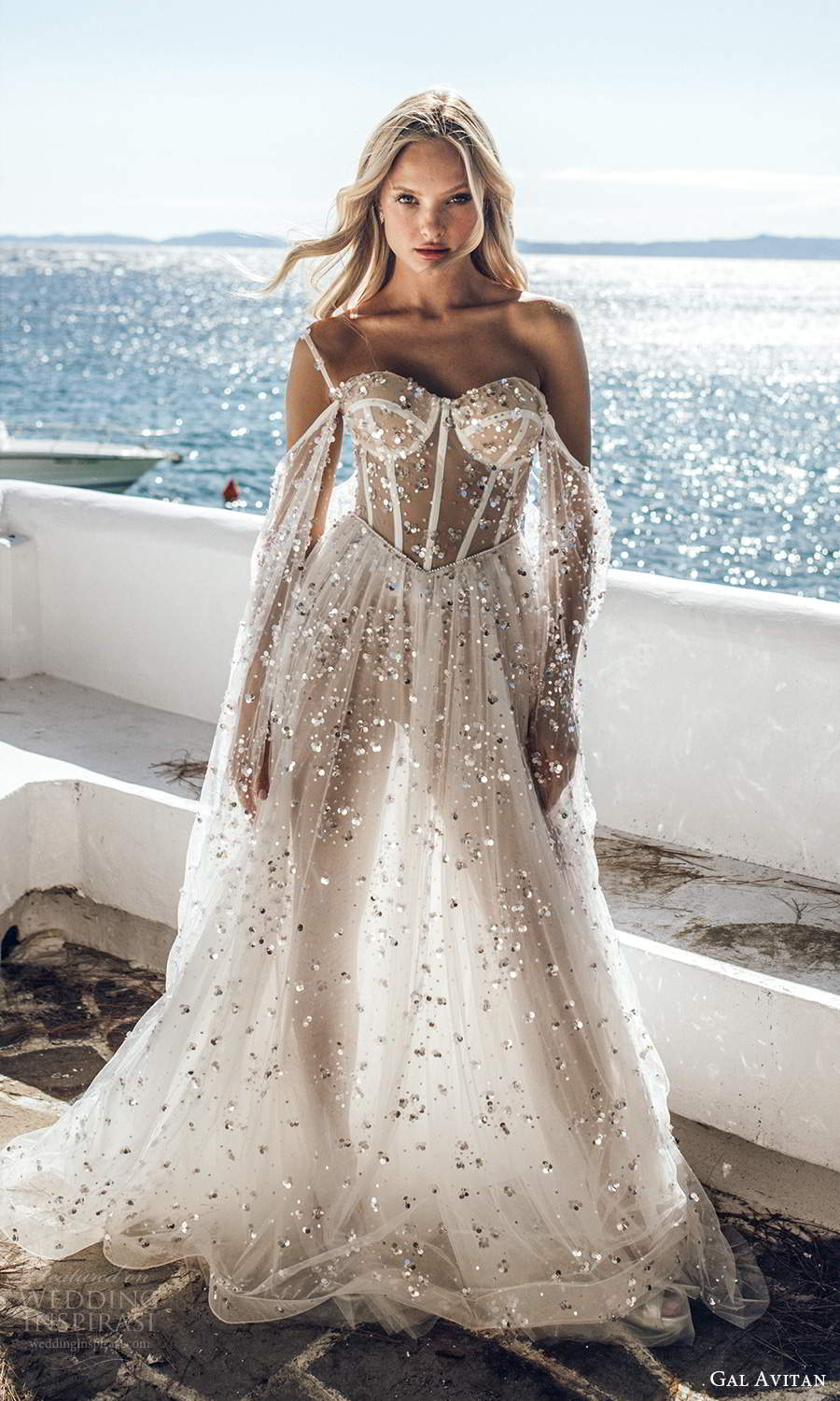gal avitan 2021 bridal off shoulder long flare sleeves straps sweetheart neckline embellished sheer bodice a line wedding dress chapel train (1) mv gal avitan 2021 bridal off shoulder long flare sleeves straps sweetheart neckline embellished sheer bodice a line wedding dress chapel train (1) mv