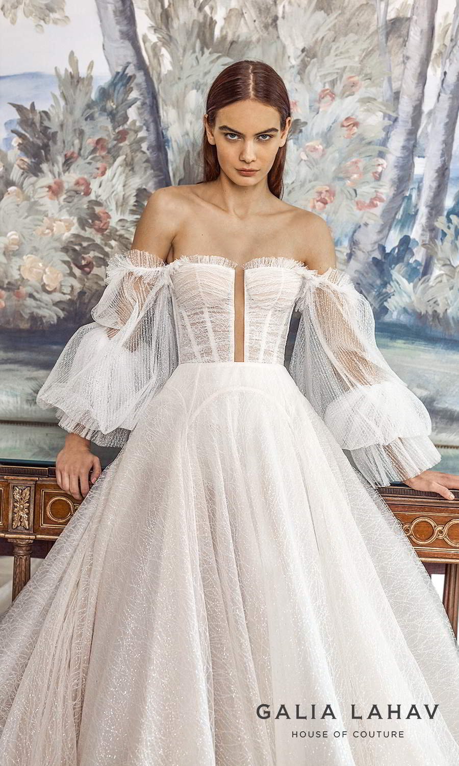 galia lahav fall 2021 bridal couture off shoulder bishop sleeves semi sweetheart neckline ruched bodice a line ball gown wedding dress chapel train (seraphina) zv