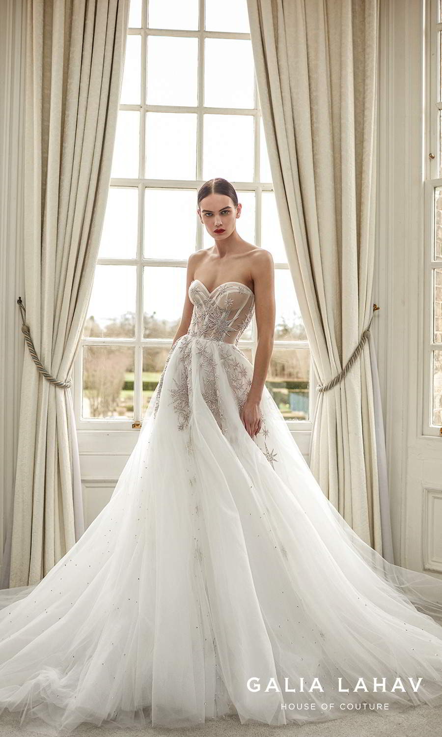 galia lahav fall 2021 bridal couture strapless sweetheart neckline heavily embellished a line ball gown wedding chapel train (giovanna) fv