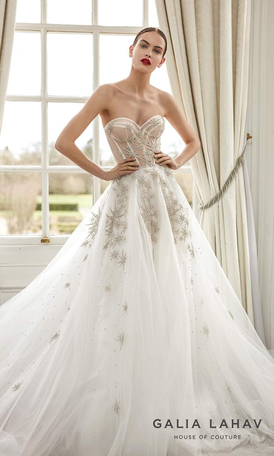 galia lahav fall 2021 bridal couture strapless sweetheart neckline heavily embellished a line ball gown wedding chapel train (giovanna) mv